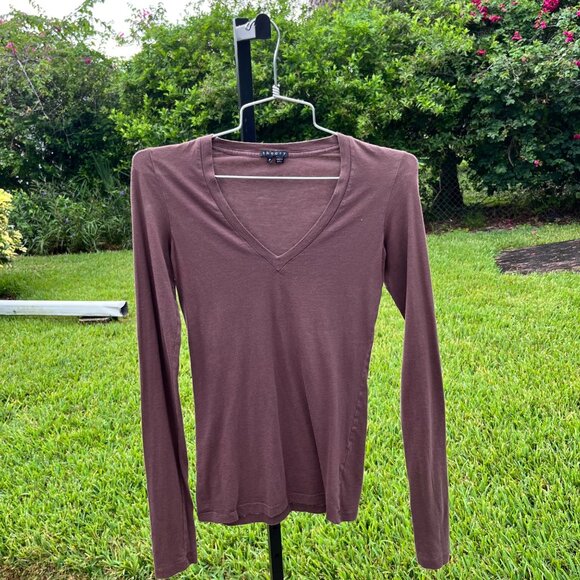 Theory Brown Cotton V Neck Long Sleeve Top Size P / S - Picture 1 of 5